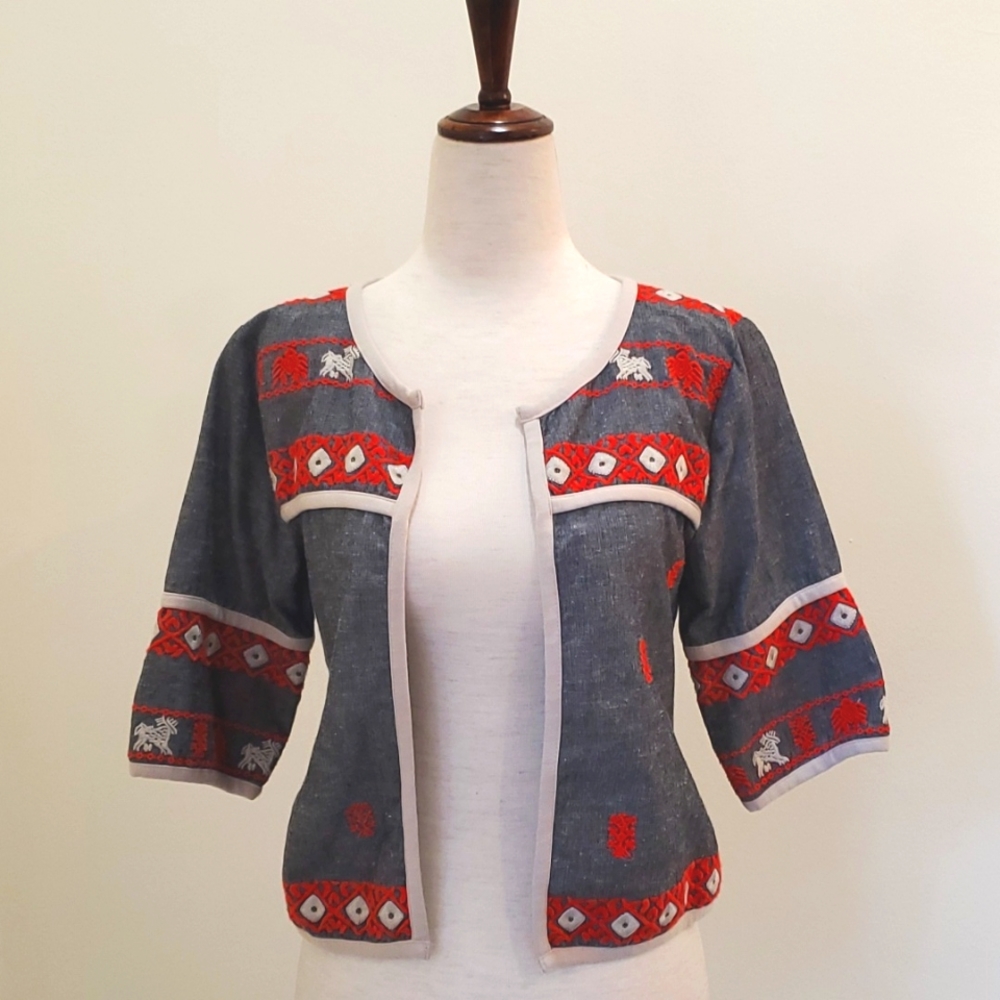 Anthro THML Embroidered Grey and Red Cropped Blazer